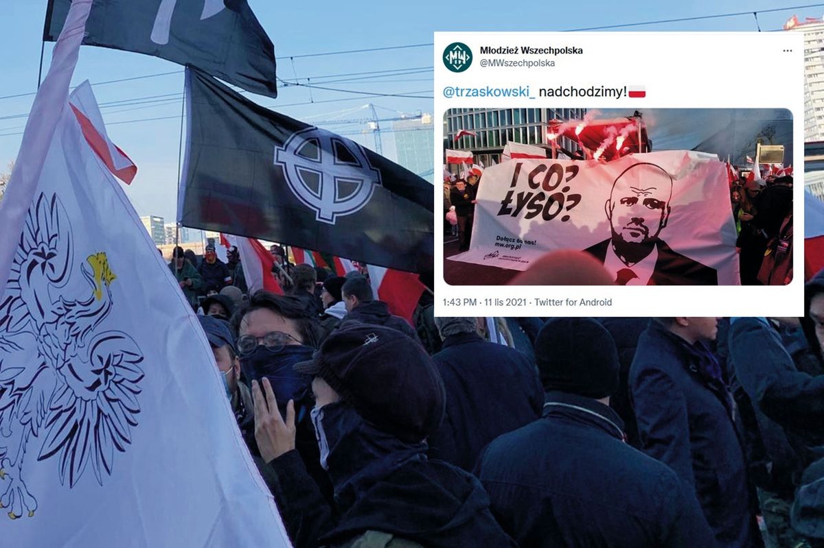 Trzaskowski "ogolony", a na flagach symbole rasistów. Hasła na Marszu Niepodległości