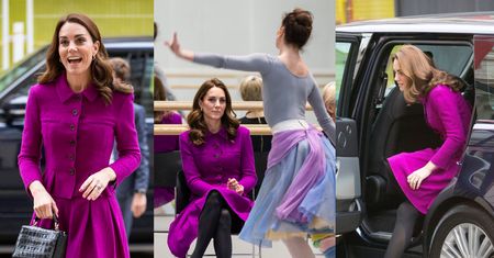 Purpurowa księżna Kate wysiada z gracją z samochodu i zmierza na spotkanie w szkole baletowej (ZDJĘCIA)