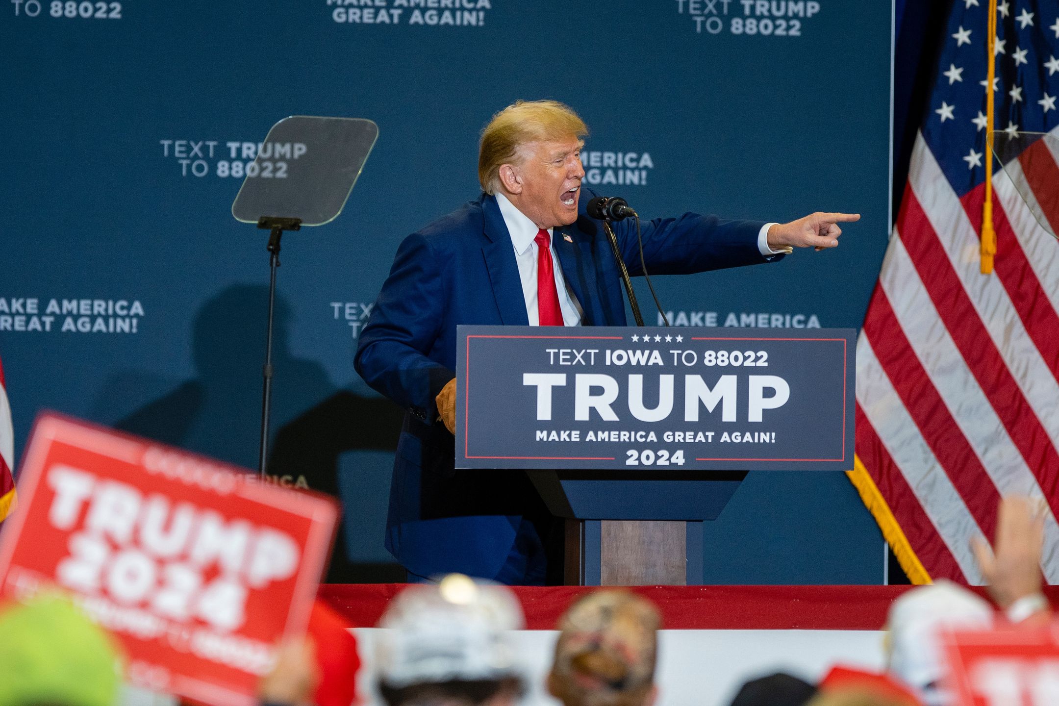 Former US President Donald Trump during a campaign rally in Mason City, Iowa, US, on Friday, Jan. 5, 2024. The US Supreme Court agreed to consider whether Colorado can bar Donald Trump from the presidential ballot, taking up a landmark constitutional and political clash stemming from his attempt to overturn the 2020 election. Photographer: KC McGinnis/Bloomberg via Getty Images
