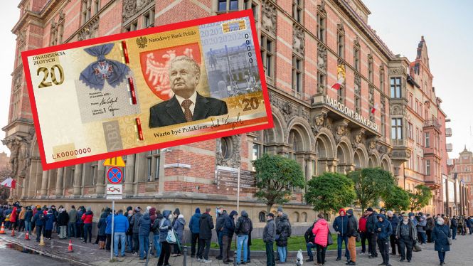 Polacy ustawiają się w długich kolejkach pod oddziałami NBP, aby zakupić kolekcjonerski banknot z Lechem Kaczyńskim