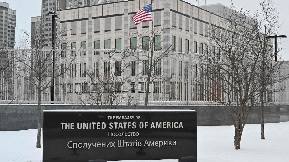 TemporaryA photograph shows the US Embassy building in Kyiv, on January 24, 2022 - Ukraine on January 24 said it was "premature" of the United States to evacuate the families of its diplomatic staff in Kyiv due to fears of a looming Russian invasion. (Photo by Sergei Supinsky / AFP)SERGEI SUPINSKY