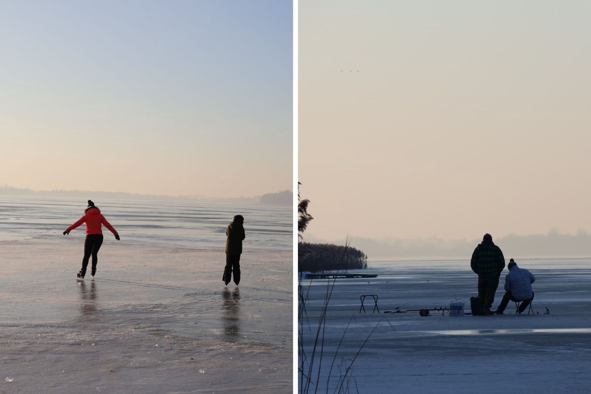 Zamarznięte jezioro jak plac zabaw. Wędki, łyżwy i zdjęcia