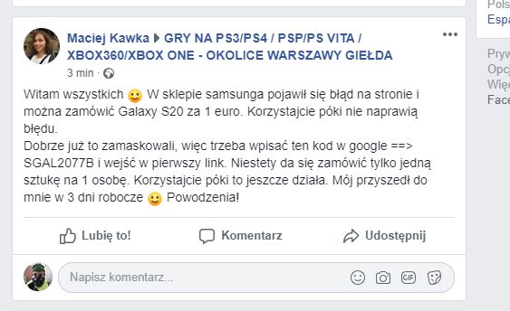 Zachęta do skorzystania ze spreparowanej promocji na Facebooku, źródło: Niebezpiecznik.