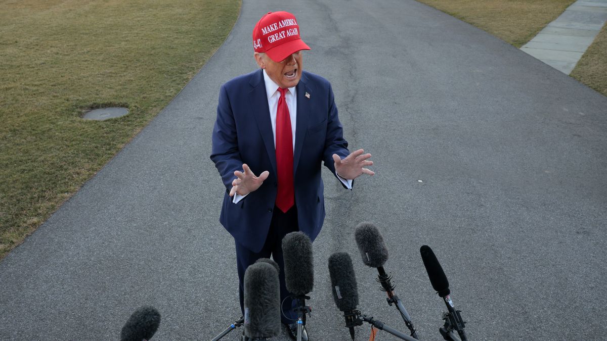WASHINGTON, DC - FEBRUARY 28: U.S. President Donald Trump speaks as he departs the White House on February 28, 2025 in Washington, DC. Trump spoke on his contentious Oval Office meeting with Ukrainian President Volodymyr Zelensky. (Photo by Chip Somodevilla/Getty Images)