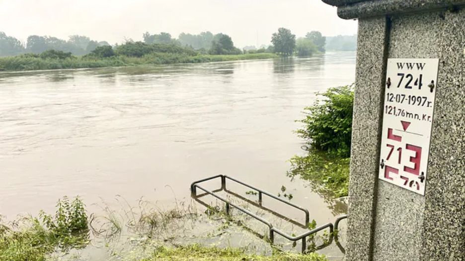 Punkt pomiaru poziomu Odry w Trestnie pod Wrocławiem. Na słupie zaznaczono poziom Odry, który rzeka osiągnęła w 1997 r., kiedy woda zalała miasto. (Barbara Kwiatkowska/WP.pl)