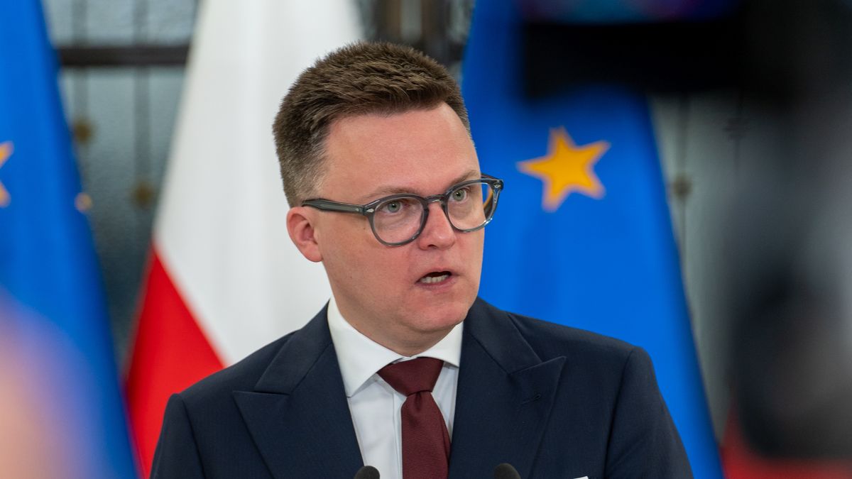 WARSAW, POLAND - 2024/04/10: Szymon Holownia, Marshal of the Sejm, talks to the press during the 9th session of the Polish Parliament. During this parliament session, the parliament discussed the right to legalize abortion. This issue of abortion gained attention following the series of Women's Strike (Strajk Kobiet) protests in Poland from 2020 to 2021. The protests were in response to government regulations that significantly restricted abortion rights, making almost all cases of abortion illegal, even in situations involving severe fetal disabilities or life-threatening diseases. (Photo by Marek Antoni Iwanczuk/SOPA Images/LightRocket via Getty Images)