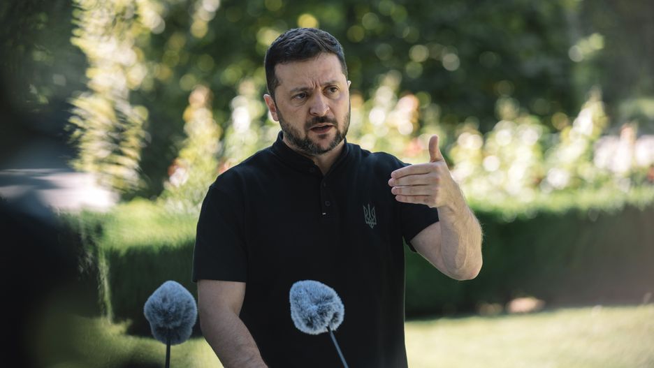Volodymyr Zelenskiy, Ukraine's president, during a news conference in Kyiv, Ukraine, on Friday, Aug. 29, 2025. Zelenskiy says he will visit Europe next week to talk to European leaders about security guarantees for Ukraine. Photographer: Andrew Kravchenko/Bloomberg via Getty Images