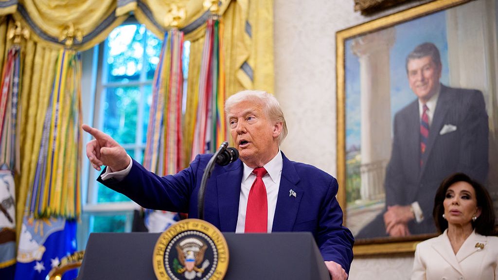 President Trump Holds Swearing-In Ceremony For Interim U.S. Attorney For D.C. Jeanine Pirro
WASHINGTON, DC - MAY 28: U.S. President Donald Trump takes a question during a swearing in ceremony for interim U.S. Attorney for Washington, D.C. Jeanine Pirro (R) in the Oval Office of the White House on May 28, 2025 in Washington, DC. Trump has announced Pirro, a former Fox News personality, judge, prosecutor, and politician, after losing support in the Senate for his first choice, Ed Martin, over his views on the January 6, 2021 attack on the U.S. Capitol. (Photo by Andrew Harnik/Getty Images)
Andrew Harnik