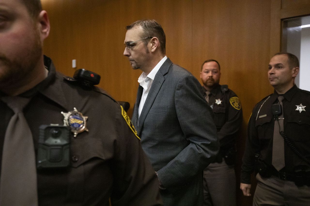 PONTIAC, MICHIGAN - MARCH 14: James Crumbley, the father of Oxford High School school shooter Ethan Crumbley, enters the courtroom to hear the jury's verdict on four counts of involuntary manslaughter for the deaths of four Oxford High School students who were shot and killed by his son, on March 14, 2024 at Oakland County Circuit Court in Pontiac, Michigan. The jury found him guilty on all four counts. Crumbley's wife Jennifer Crumbley was convicted on the same four counts at her trial last month, the first time in U.S. history that a parent was tried in relation to a mass school shooting that was committed by their child. Photo by Bill Pugliano/Getty Images)