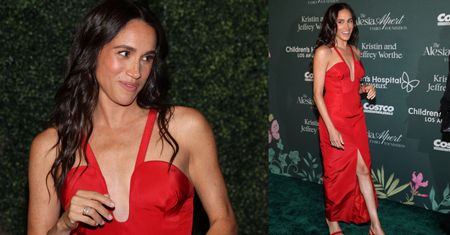 Meghan Markle bryluje samotnie na gali szpitala w czerwonej sukni z "recyklingu". Klasa?