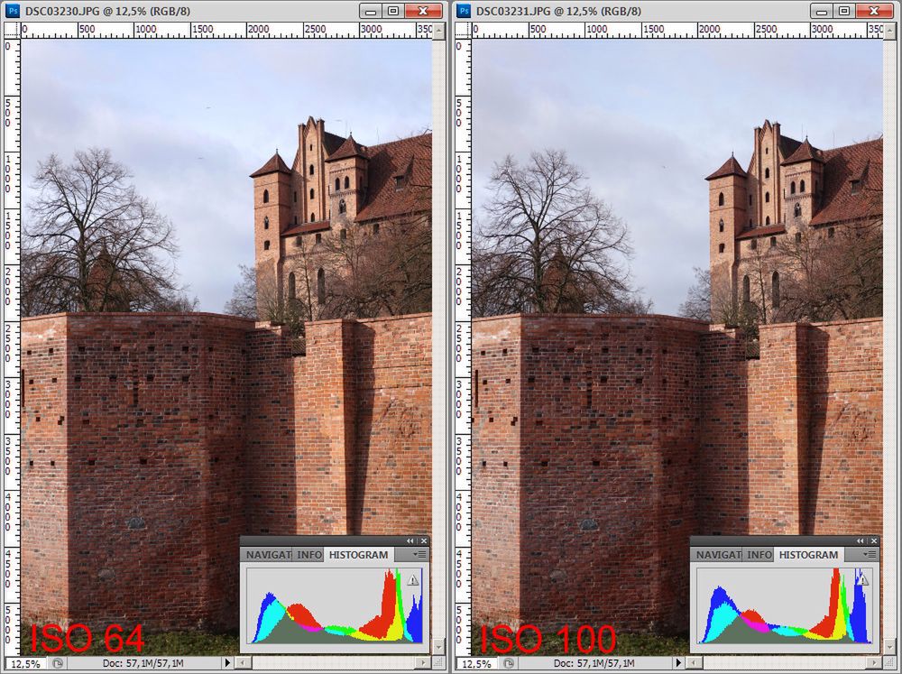 Histogramy pokazują sporą różnicę w jasności wysokich świateł pomiędzy ISO 64, a natywną ISO 100.© Paweł Baldwin