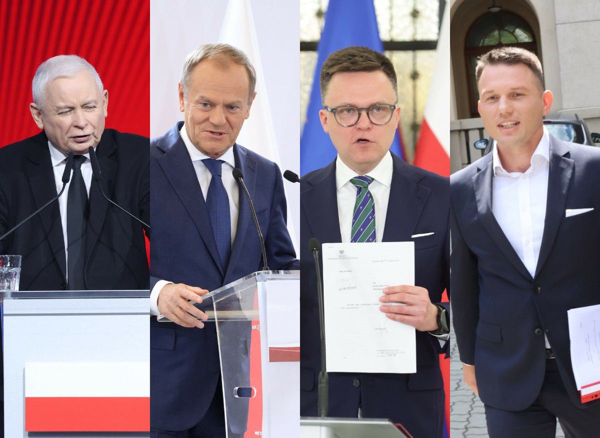 Na zdjęciu od lewej: Kaczyński, Tusk, Hołownia i Mentzen