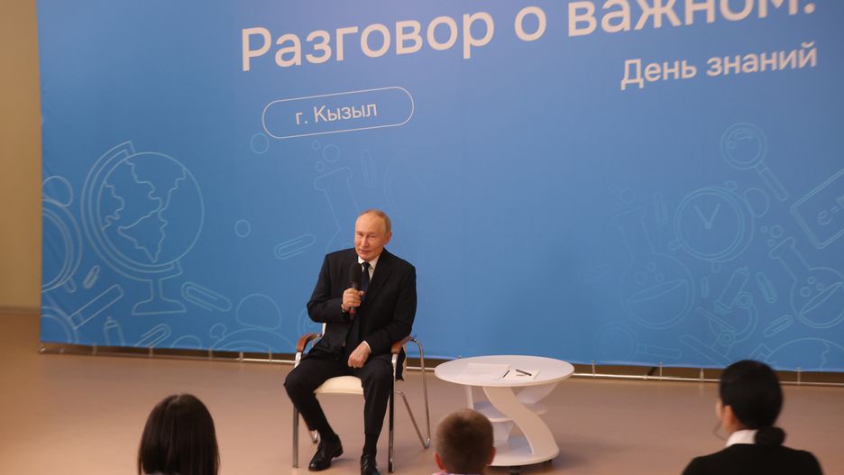 KYZYL, RUSSIA - SEPTEMBER 2: (RUSSIA OUT) Russian President Vladimir Putin speaks during his meeting with children while visiting the secondary school #20, September 2, 2024, in Kyzyl, Tuva Republic, Russia. Putin is on a four-day trip to the regions of Eastern Russia and Mongolia. (Photo by Contributor/Getty Images)
