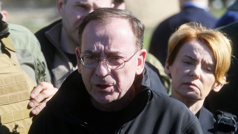 KYIV, UKRAINE - 2022/05/05: Poland's Minister of Interior and Administration Mariusz Kaminski (C) and Latvian Interior Minister Marija Golubeva (R) are seen during a visit at the Hostomel Airfield, after the battles with Russian troops. Russia invaded Ukraine on 24 February 2022, triggering the largest military attack in Europe since World War II. (Photo by Pavlo Gonchar/SOPA Images/LightRocket via Getty Images)