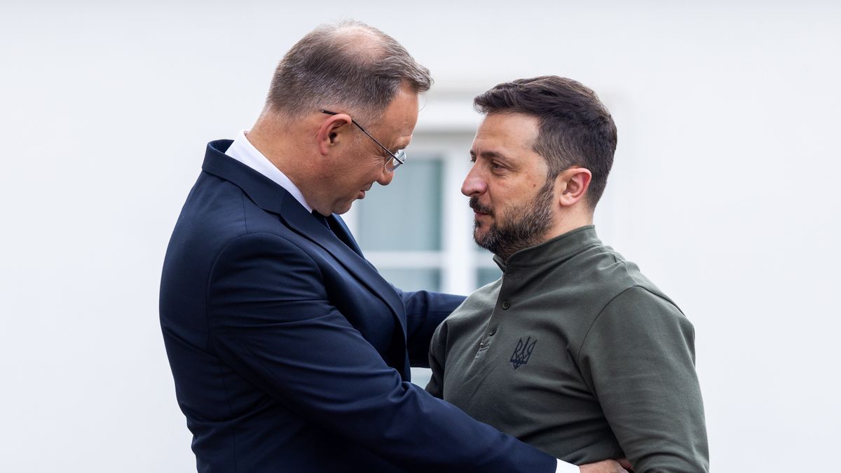 Polish President Andrzej Duda is welcoming Ukrainian President Volodymyr Zelensky to Poland. The Ukrainian president's visit to Warsaw is coming a day before a NATO summit in the US, where he is seeking more support and assistance in the war against Russia. During his stay in Poland, Volodymyr Zelensky is signing an agreement on cooperation with Poland in the field of security, in Warsaw, Poland, on July 8, 2024 (Photo by Andrzej Iwanczuk/NurPhoto via Getty Images).