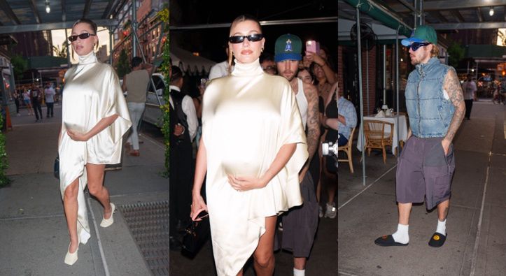 Elegancka Hailey Bieber trzyma się za ciążowy brzuch w drodze do restauracji. Za nią kroczył Justin Bieber W KAPCIACH (ZDJĘCIA)