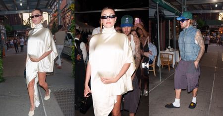 Elegancka Hailey Bieber trzyma się za ciążowy brzuch w drodze do restauracji. Za nią kroczył Justin Bieber W KAPCIACH (ZDJĘCIA)