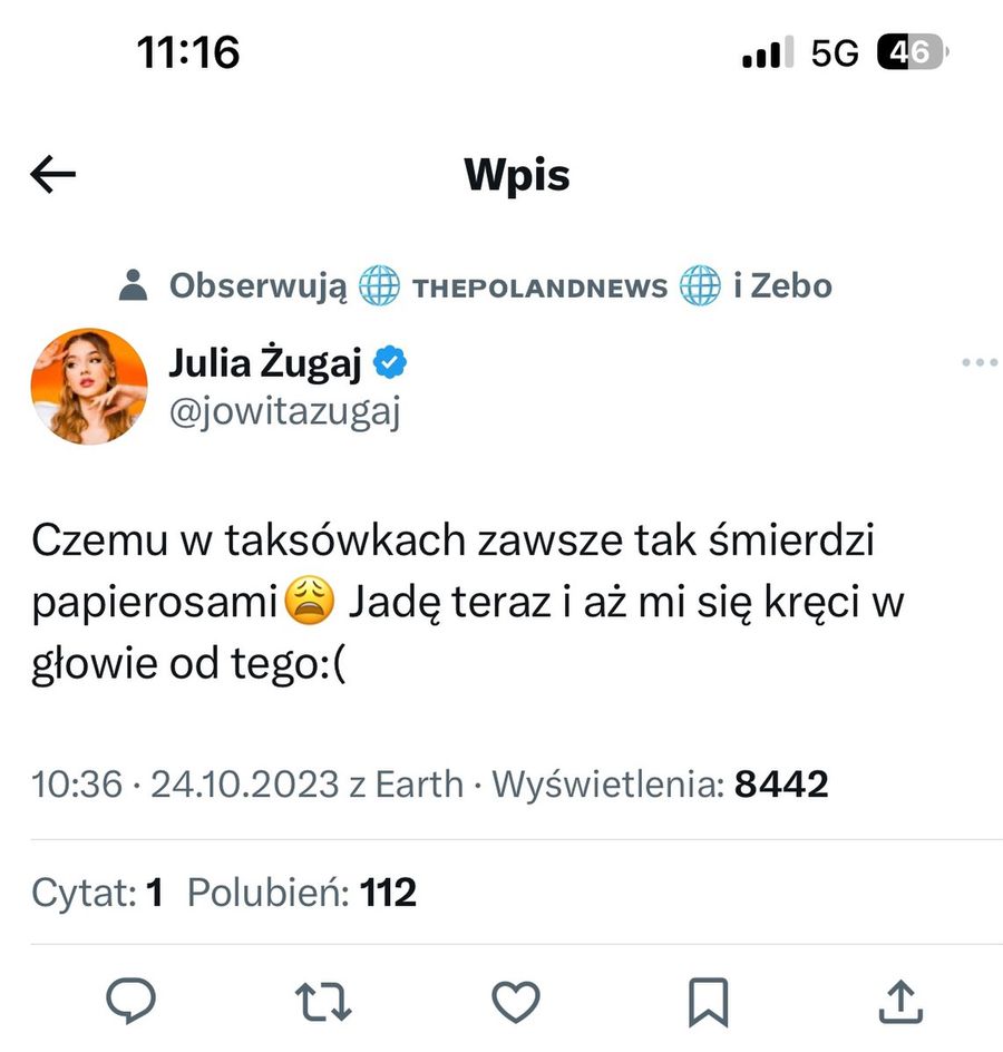 Julia Żugaj narzeka na smród papierosów w taksówkach