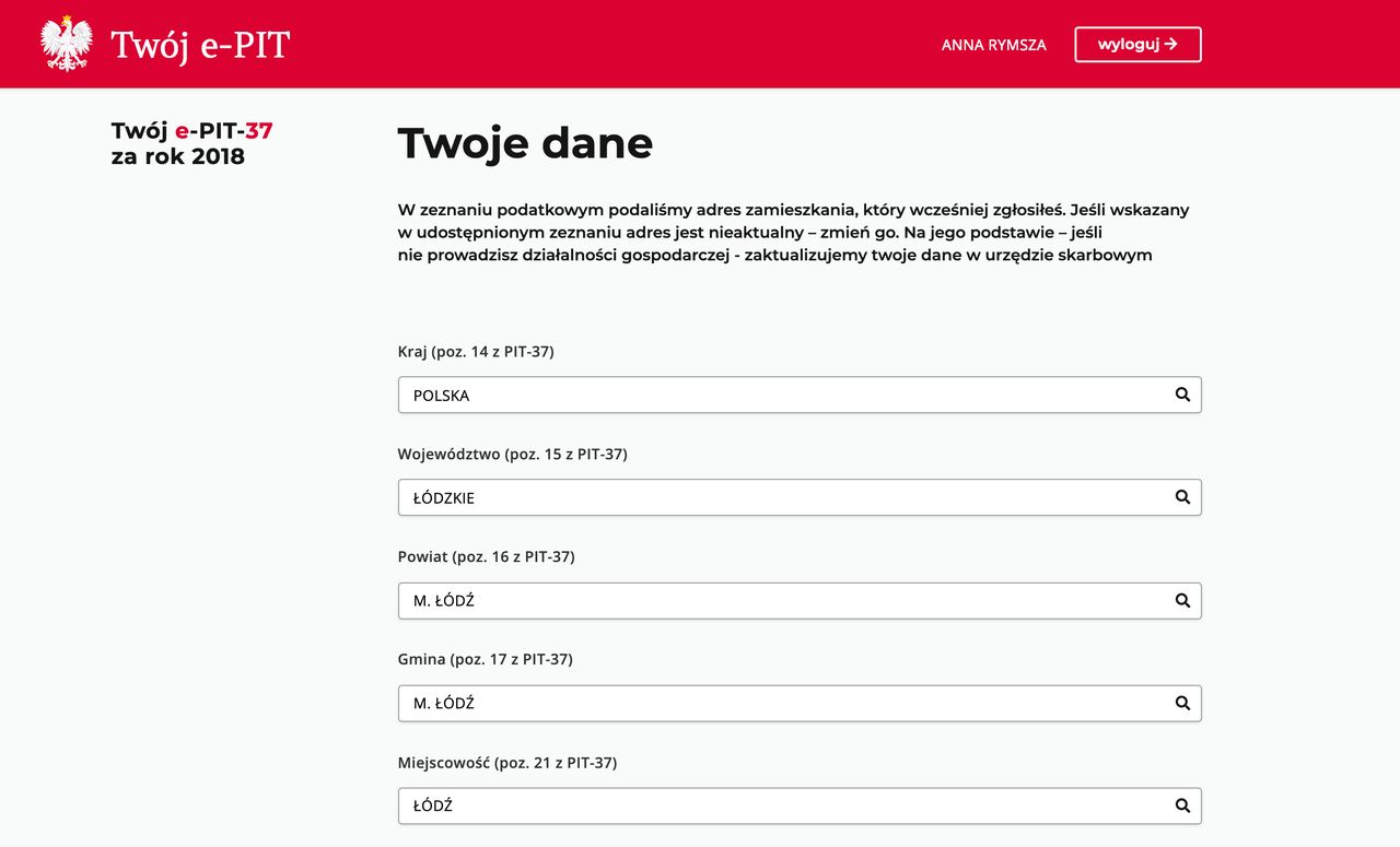 Formularz wyboru miejsca zamieszkania i właściwego urzędu skarbowego