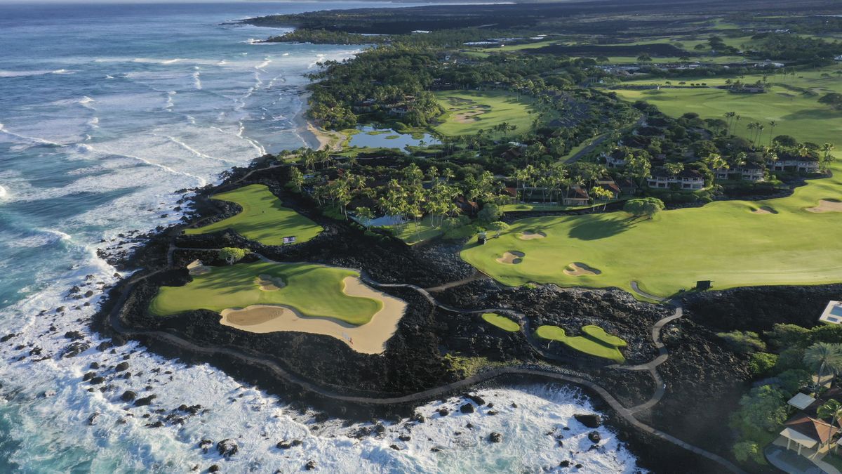 KA'UPULEHU-KONA, HAWAII - JANUARY 18:  An aerial view of the 16th, 17th and 18th holes during the first roud of the PGA TOUR Champions Mitsubishi Electric Championship at Hualalai Golf Course on January 18, 2024 in Ka'upulehu-Kona, Hawaii. (Photo by Chris Condon/PGA TOUR via Getty Images)