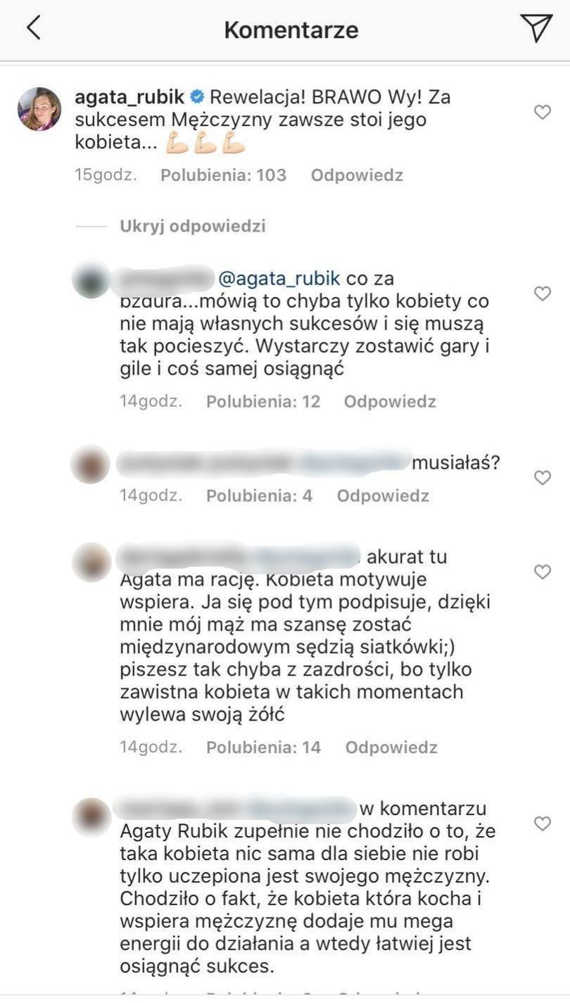 Agata Rubik dyskutuje z internautami pod wpisem Anny Lewandowskiej