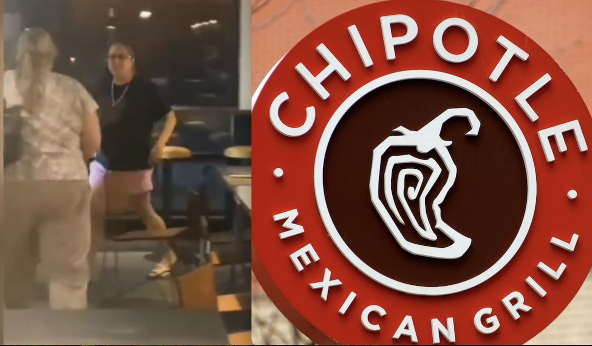 Rozwścieczona kobieta chwilę po ataku na kasjerkę opuszcza Chipotle Mexican Grill