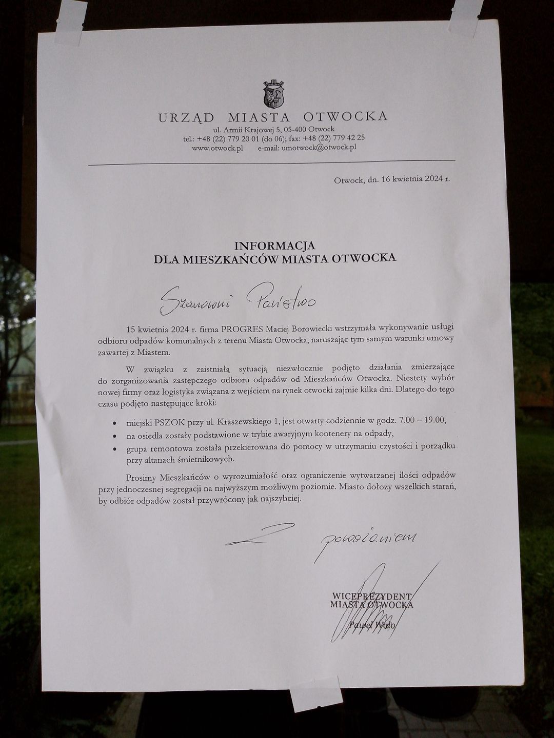 obwieszczenie władz miasta Otwock