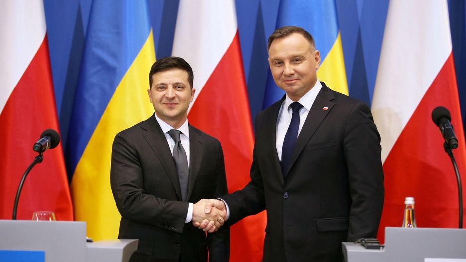 Nz. Wołodymyr Zełenski i Andrzej Duda podczas obchodów 75. rocznicy wyzwolenia KL Auschwitz-Birkenau