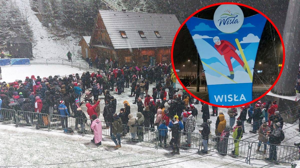 WP SportoweFakty / Szymon Łożyński / Kibice podczas kwalifikacji w Wiśle. W miniaturze baner na wjeździe do miasta