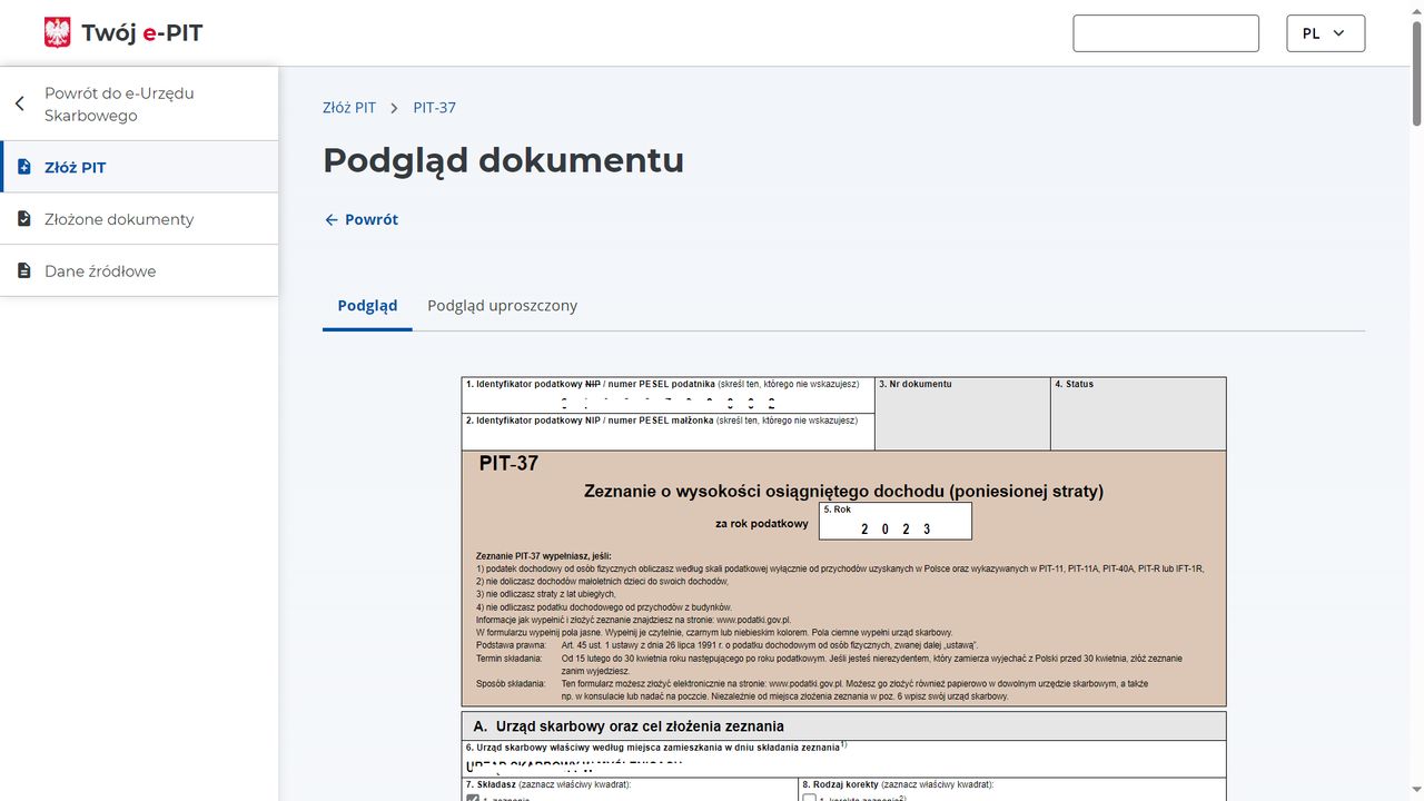 Twój e-PIT - podgląd zeznania PIT