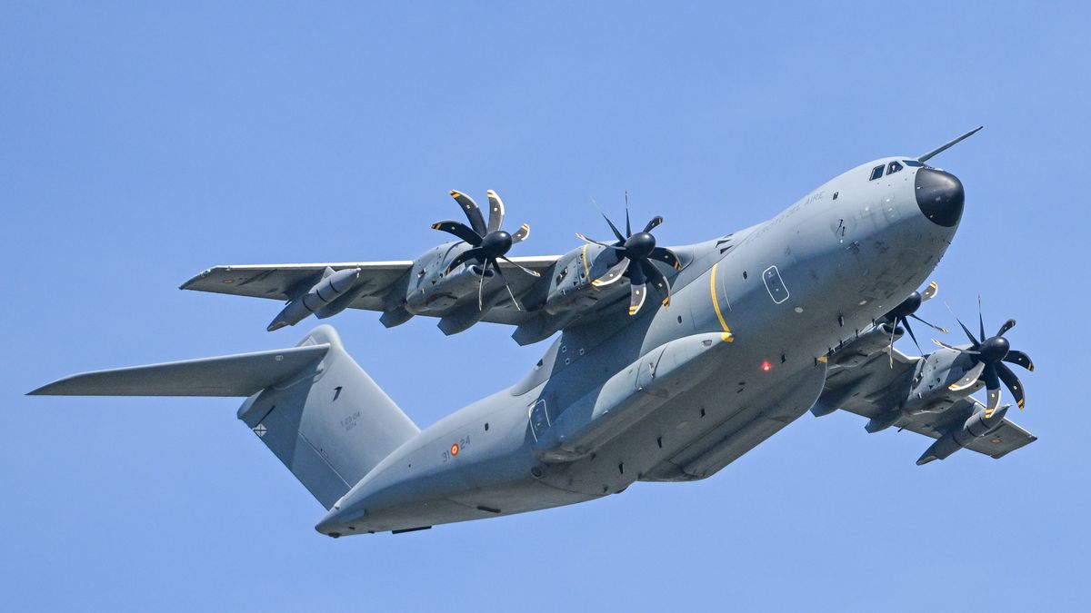 WARSAW, POLAND - AUGUST 15: An Airbus A400M Atlas military transport aircraft from the Spanish Air and Space Force flies over the Wislostrada highway during the military parade celebrating Polish Armed Forces Day on August 15, 2026 in Warsaw, Poland. (Photo by Artur Widak/NurPhoto via Getty Images)