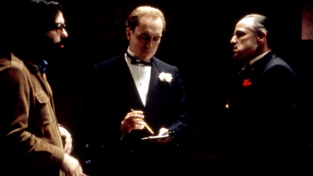 Everett Collection update HDD December 2012THE GODFATHER, director Francis Ford Coppola, Robert Duvall, Marlon Brando on set, 1972