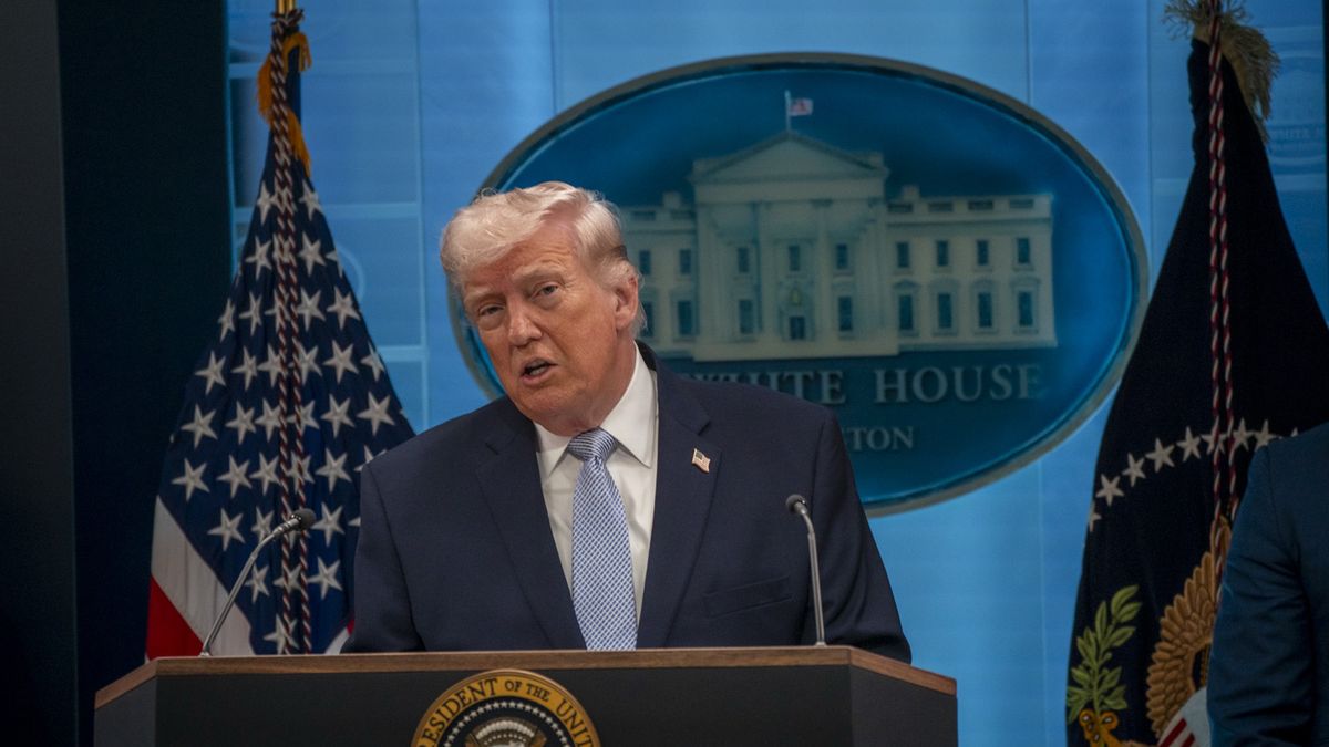 WASHINGTON,DC - APRIL 6: U.S. President Donald Trump speaks to reporters at a briefing on Monday, April 6, 2026 at the White House in Washington, D.C. Trump discussed the rescue of an American pilot and the ongoing war with Iran. (Photo by Maxine Wallace/The Washington Post via Getty Images)