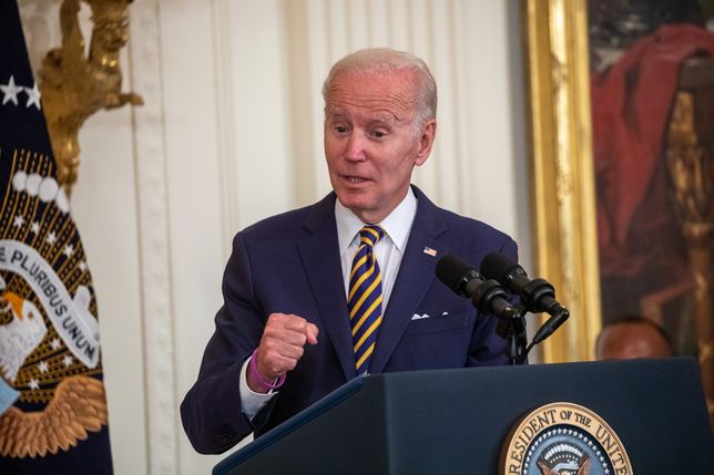 WASHINGTON, DC, USA - AUGUST 10: U.S. President Joe Biden makes a speech during a signing ceremony for the PACT Act of 2022, in the East Room of the White House in Washington, DC, on August 10, 2022. US President Joe Biden signed into law legislation Wednesday that significantly expands health care benefits for US veterans exposed to toxic burn pits during their military service. (Photo by Yasin Ozturk/Anadolu Agency via Getty Images)