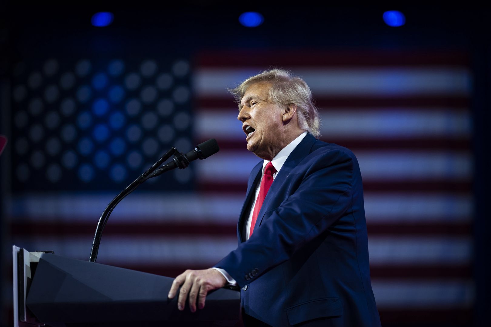 Fort Washington, MD - March 4 : Former President Donald J. Trump speaks during on the third and final day of the Conservative Political Action Conference CPAC held at the Gaylord National Resort & Convention Center on Saturday, March 04, 2023, in Fort Washington, MD. (Photo by Jabin Botsford/The Washington Post via Getty Images)