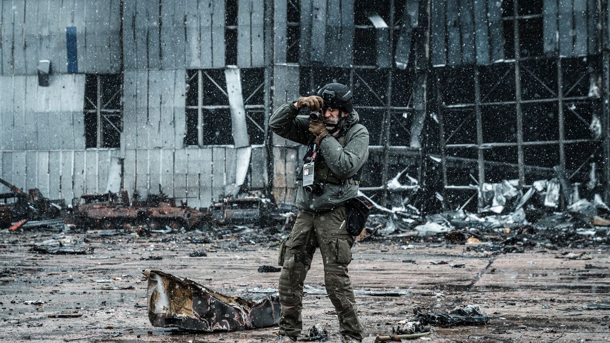 HOSTOMEL, UKRAINE - APRIL 3: Oleksandr Hliadielov, Ukrainian documentary photographer, takes photos amid debris in the Antonov Airport on April 3, 2022 in Hostomel, Ukraine. The only flight copy of the An-225 Mriya, Ukrainian cargo aircraft, which was the largest plane in the world, was burned because of an air attack by the Russian forces on the Hostomel Airport near Kyiv. On 24 February 2022, Russia invaded Ukraine in an escalation of the Russo-Ukrainian War that started in 2014. The full-scale invasion is the largest military attack in Europe since World War II. (Photo by Serhii Mykhalchuk/Global Images Ukraine via Getty Images)
Global Images Ukraine