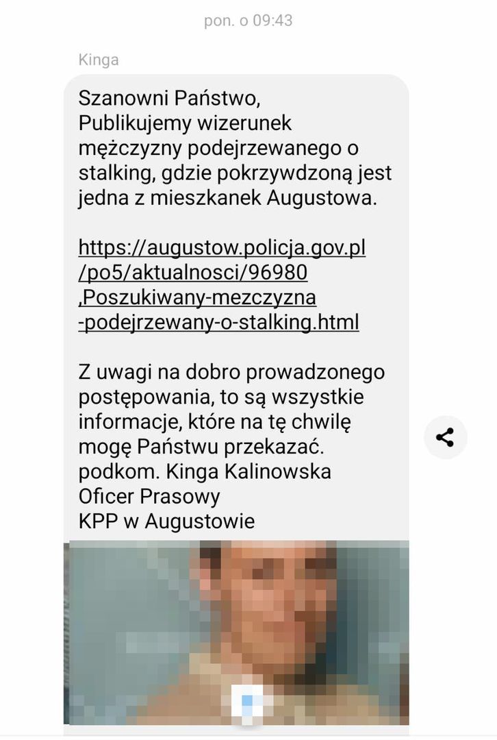 O sprawie stalkera oficjalnie poinformowano media dopiero w poniedziałek (22.07)