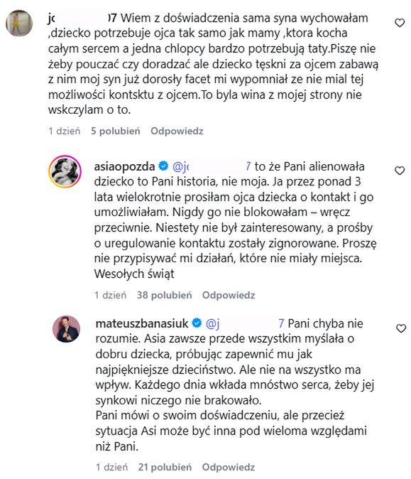 Komentarze Joanny Opozdy i Mateusza Banasiuka na Instagramie