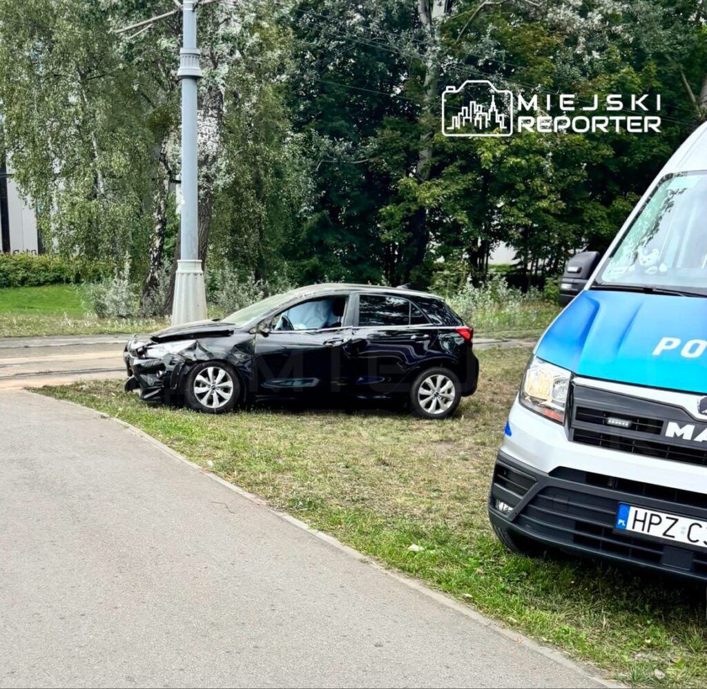 Czarny samochód osobowy z uszkodzoną przednią częścią stoi na trawie obok policyjnego furgonu.