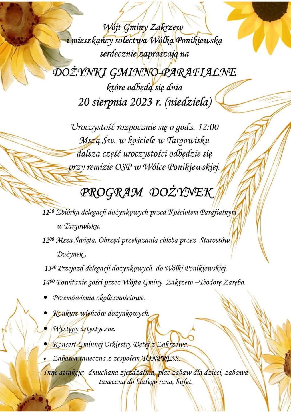 Dożynki w Wólce Ponikiewskiej 2023 - plakat, program wydarzenia