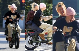 Szybki i wściekły Justin Bieber z wtuloną w plecy żoną przemierzają bulwary Beverly Hills na elektrycznym rowerze (ZDJĘCIA)