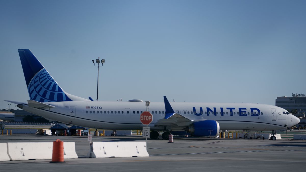 A United Airlines Boeing 737 Max-9 aircraft grounded at Los Angeles International Airport (LAX) in Los Angeles, California, US, on Monday, Jan. 8, 2024. Boeing Co. took the first step toward returning its grounded 737 Max 9 jetliners to service, issuing guidance to airlines on the inspections required following a mid-air structural failure late last week. Photographer: Eric Thayer/Bloomberg via Getty Images