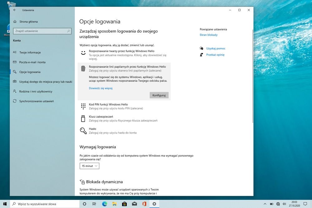 Linie papilarne ustawienia Windows 10