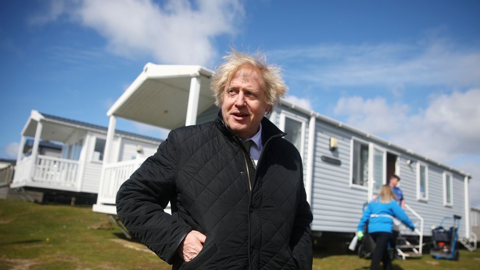 PERRANPORTH, ENGLAND - APRIL 07: UK prime minister Boris Johnson visits the Haven Perran Sands Holiday Park, on April 7, 2021 in Perranporth, England. Prime minister visits businesses in Cornwall to see how they are preparing to reopen after the coronavirus lockdown ahead of Step 2 of the roadmap on Monday 12 April.  (Photo by Tom Nicholson - WPA Pool/Getty Images)