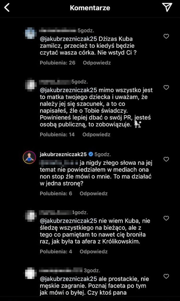 Wpisy Jakuba Rzeźniczaka i odpowiedzi na Instagramie