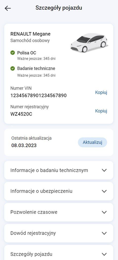 Makieta mObywatela - informacje o pojeździe