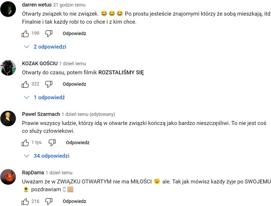 Komentarze widzów pod filmem Sheeyi o otwartym związku z Gimperem