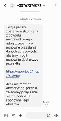 Fałszywy SMS z numeru +33