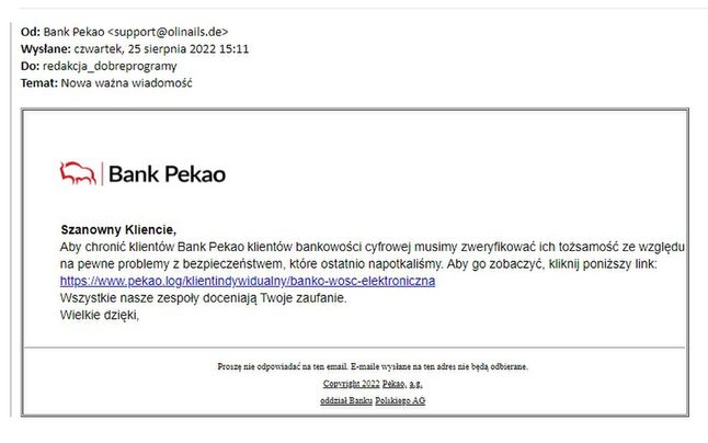 Mail wysłany przez oszustów celujących w klientów Pekao.
