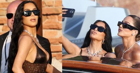 Kim Kardashian w błyszczącej sukni robi sobie selfie z siostrą w drodze na ślub Jeffa Bezosa i Lauren Sánchez